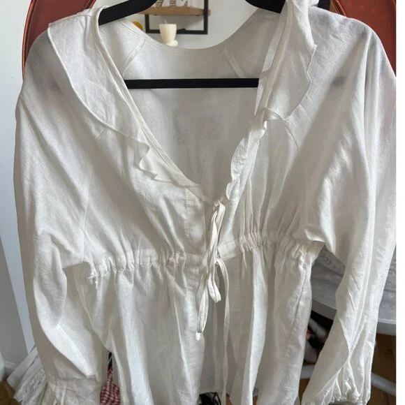 Commense White Linen Ruffle Top Size Medium - Picture 3 of 4
